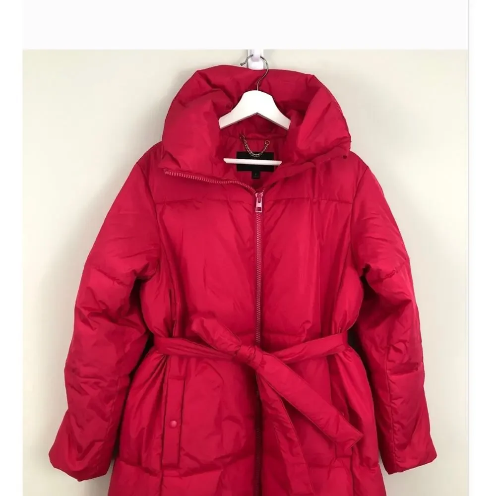 J Crew Long Belted Puffer Coat XS Rose Pink Puffy Insulated Warm Cozy AF015